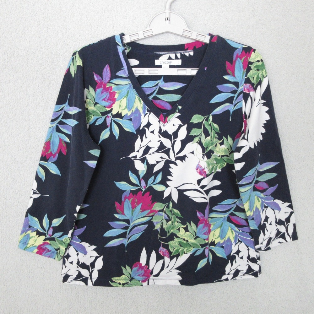 Chicos Womens Floral Print 3/4 Sleeve V Neck Top Size 1 M